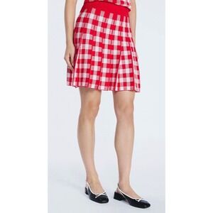 NWT Free Assembly Fancy Red Gingham‎ Pleated Mini Sweater Skirt Womens XS
